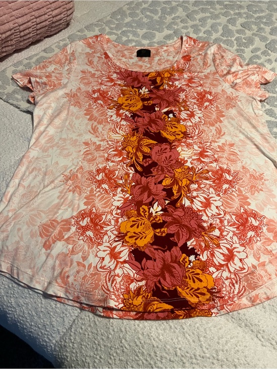 JM Collection Tops - JM Collection Coral Floral Scoop-Neck Top with Mustard Center Panel